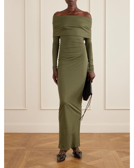 Balenciaga Green Off-Shoulder Cotton-Blend Maxi Dress