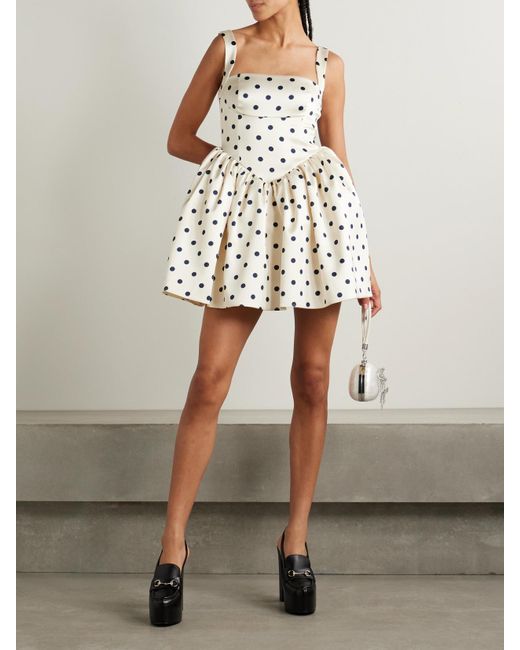 Self-Portrait White Pleated Polka-Dot Duchesse-Satin Mini Dress