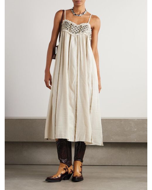 Alix Of Bohemia Natural Eden Frayed Embellished Striped Cotton-Blend Gauze Midi Dress