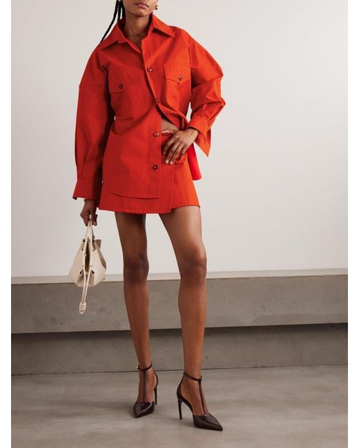 Tolu Coker Red Pleated Coated-Cotton Mini Wrap Skirt