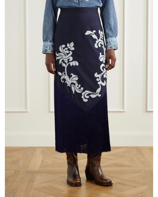 ALÉMAIS Blue Dillon Crystal And Bead-Embellished Fringed Appliquéd Satin Midi Skirt