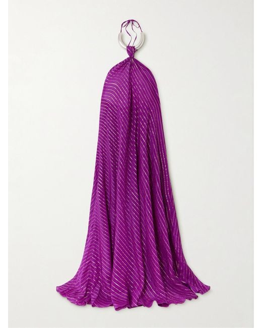 Johanna Ortiz Purple Net Sustain Majestic Power Embellished Silk-Blend Chiffon Halterneck Maxi Dress