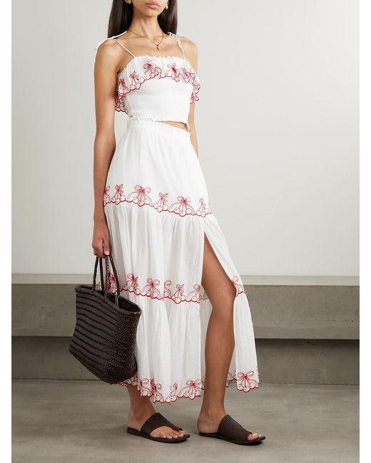 LoveShackFancy Natural Jemila Tiered Scalloped Embroidered Organic Cotton Maxi Skirt