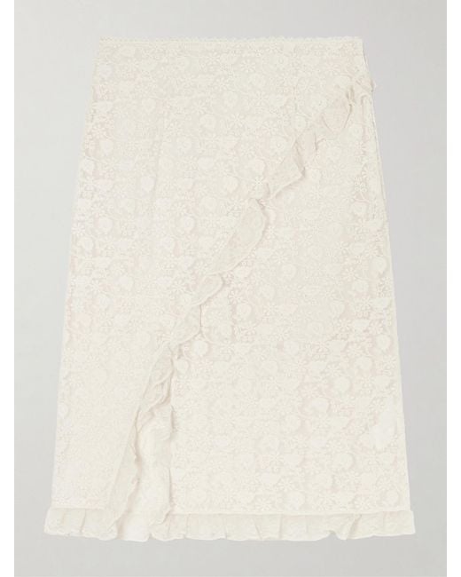 Doen Natural Aurella Ruffled Embroidered Mesh Midi Skirt