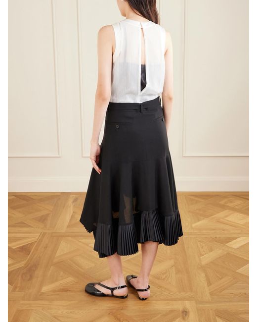 Sacai White Pleated Wool-Trimmed Plissé-Chiffon Midi Dress