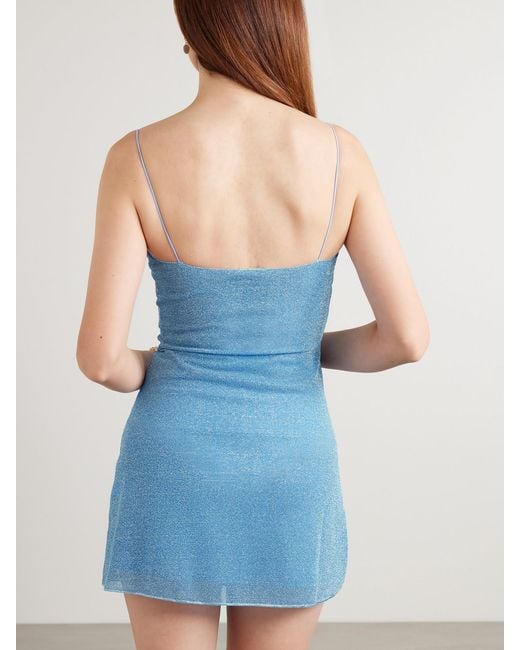 Oseree Blue Lumière Rose Appliquéd Metallic Stretch-Knit Mini Dress
