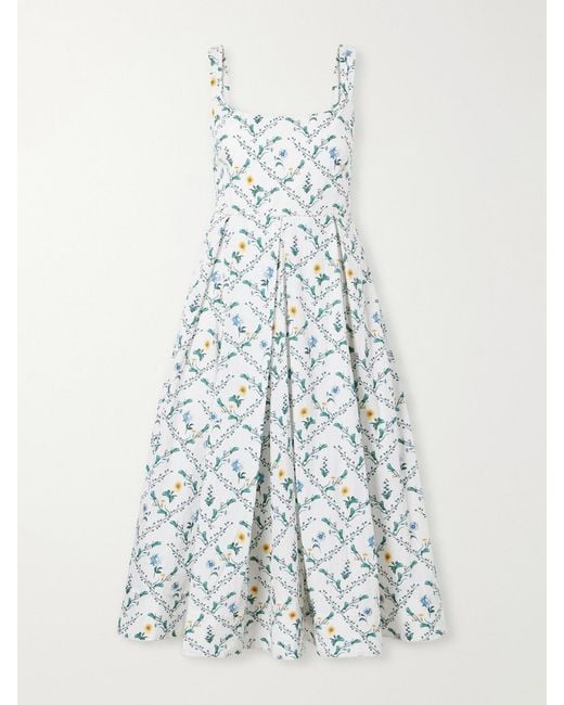 Agua Bendita White Alcaparra Brisa Floral-Print Embelished Cotton Midi Dress