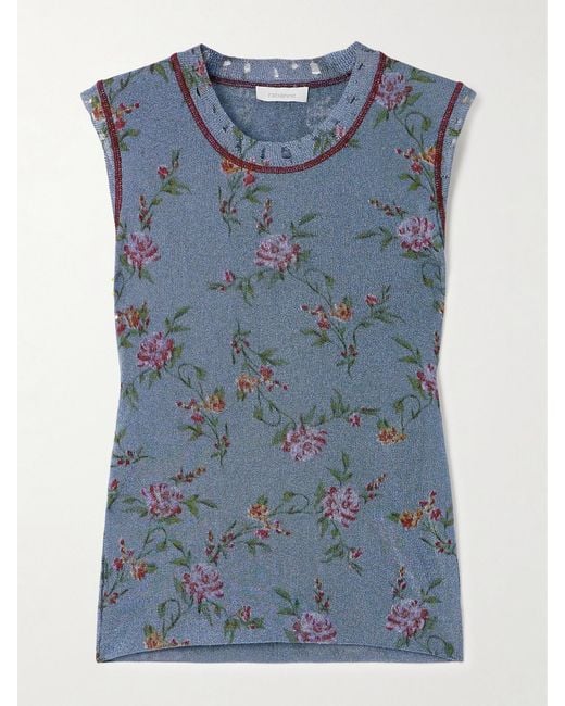 Rabanne Blue Floral-Print Metallic Knitted Tank