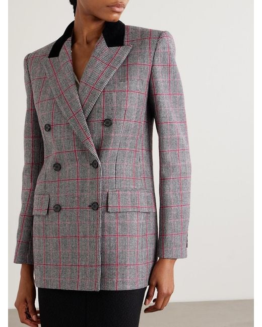 Chloé Gray Double-Breasted Velvet-Trimmed Checked Wool Blazer