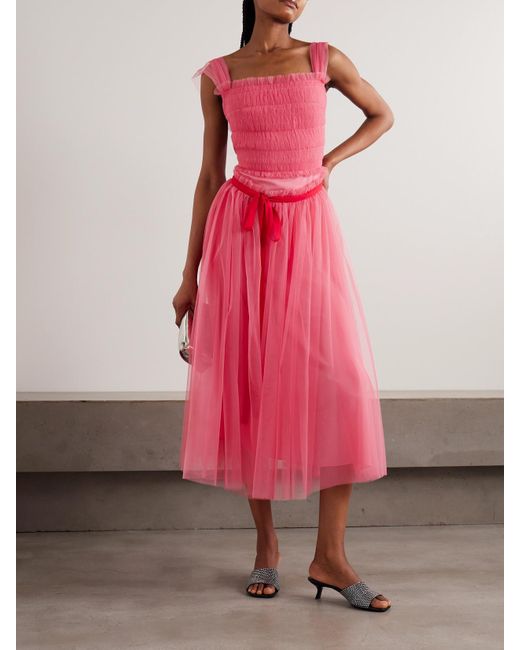 Molly Goddard Elodie Shirred Grosgrain-Trimmed Tulle Midi