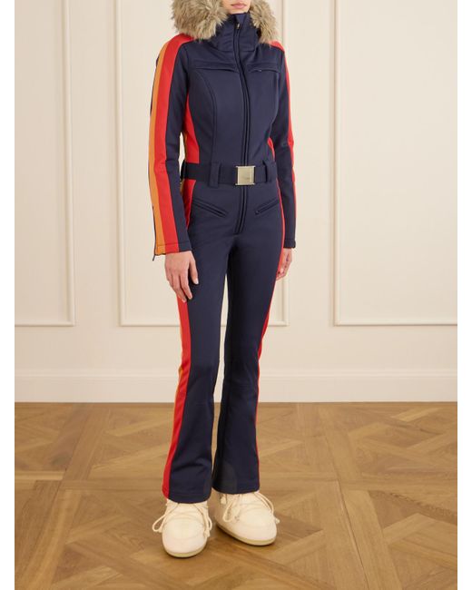 Goldbergh Blue Suvi Belted Hooded Plush-Trimmed Padded Down Ski Suit