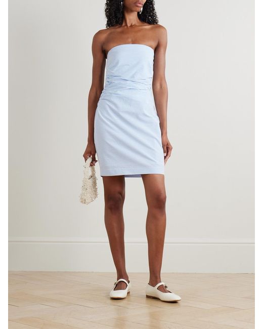 BERNADETTE Blue Vera Strapless Ruched Striped Cotton-Seersucker Mini Dress