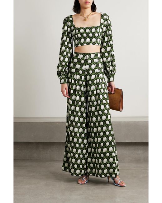 Agua Bendita Green + Net Sustain Piñon Pleated Floral-print Recycled-twill Wide-leg Pants