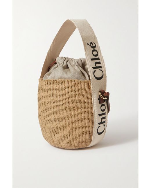 Chloé Natural Woody Small Leather-Trimmed Raffia Basket Bag