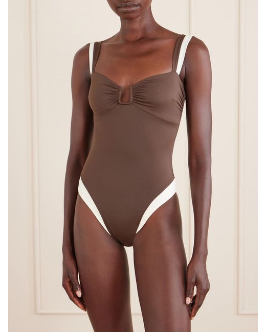 Away That Day Brown Cannes Two-Tone Gathered Recycled Stretch Swimsuit