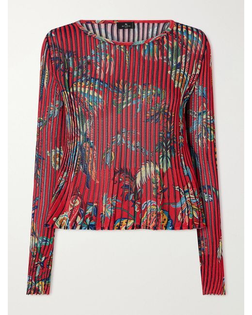 Etro Red Floral-Print Open-Knit Ribbed Blouse