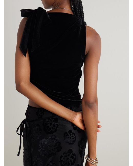 Sir Black Ettore Asymmetric Tie-Detailed Draped Stretch-Velvet Top