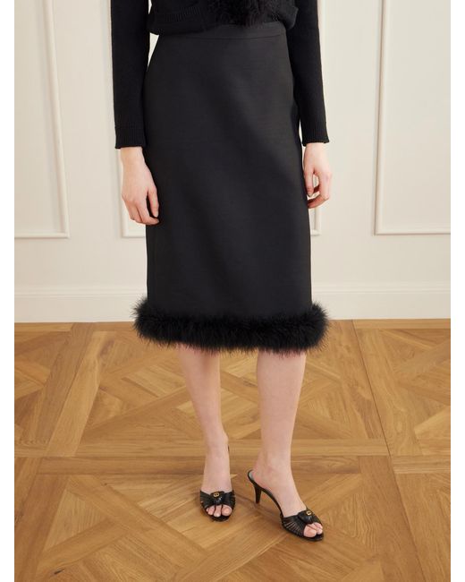 Valentino Garavani Black Feather-Trimmed Wool And Silk-Blend Crepe Midi Skirt