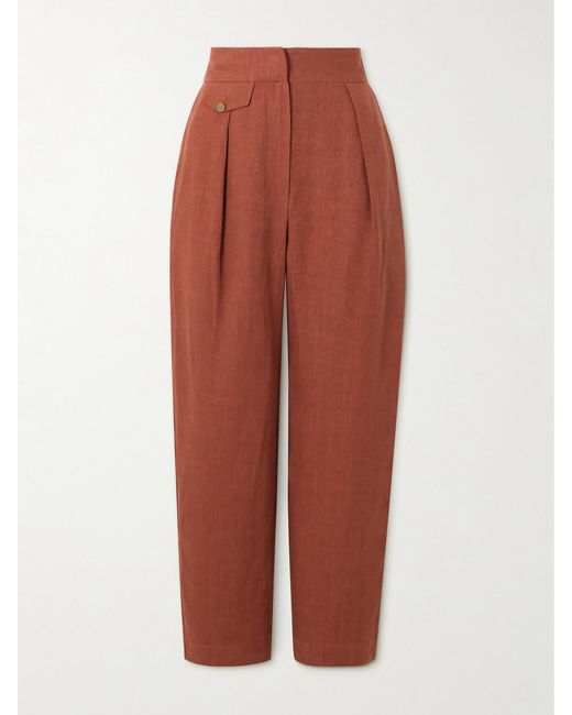 LeKasha Red Jaouf Cropped Pleated Organic Linen Straight-Leg Pants