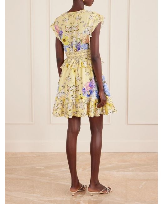 Camilla Yellow Appliquéd Embellished Floral-Print Linen-Voile Mini Dress