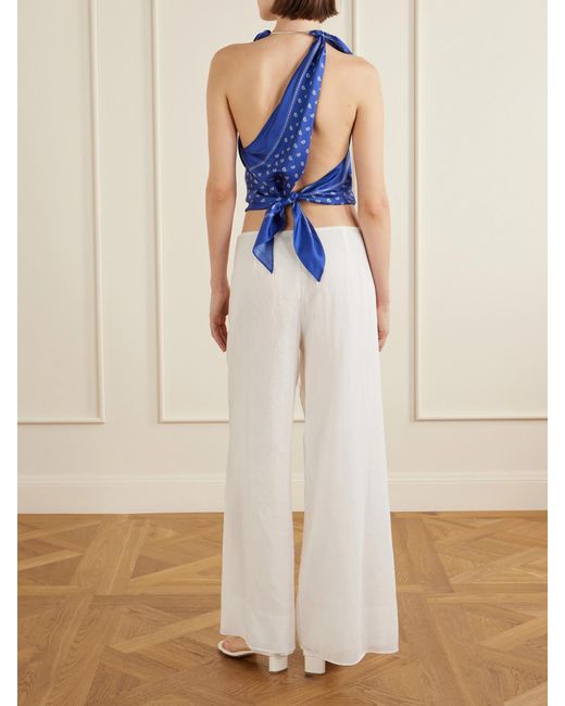 Christopher Esber Blue One-Shoulder Embellished Bandana-Print Silk Top