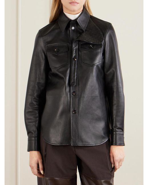 Bottega Veneta Black Intrecciato-Trimmed Leather Shirt