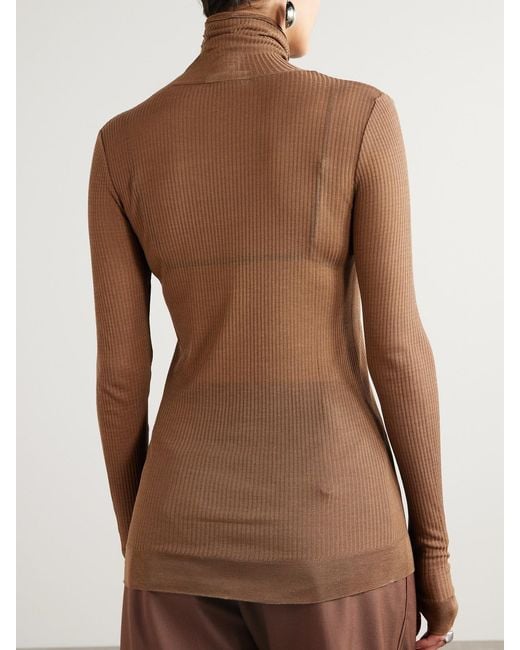 Lemaire Brown Seamless Ribbed-Knit Turtleneck Top
