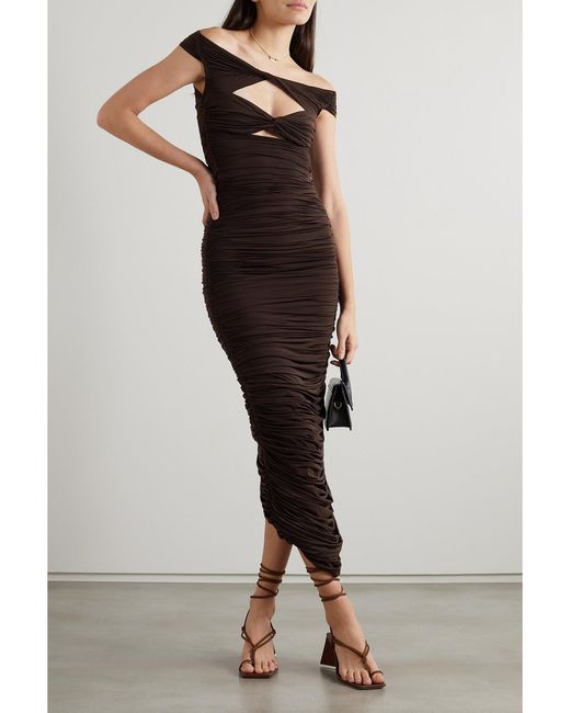 Alex Perry Brown Knox Off-The-Shoulder Cutout Stretch-Jersey Midi Dress
