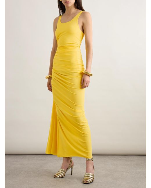 Alaïa Yellow Gathered Stretch-Jersey Midi Dress