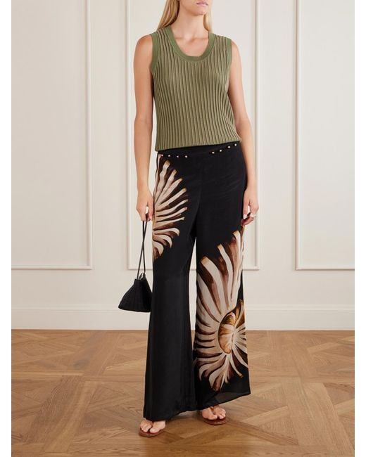 Farm Rio Black Ammonite Printed Embellished Habotai Wide-Leg Pants