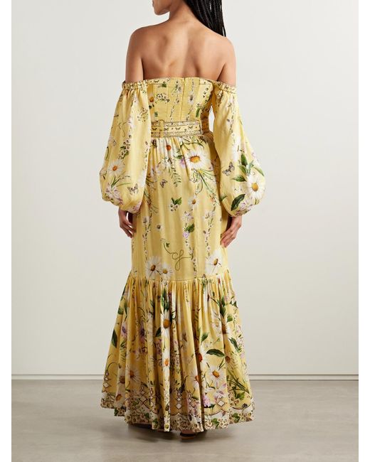 Camilla Yellow Off-The-Shoulder Gathered Floral-Print Linen And Silk-Blend Maxi Dress