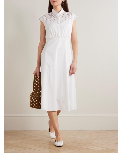 Valentino Garavani White Broderie Anglaise-Trimmed Cotton-Poplin Midi Dress