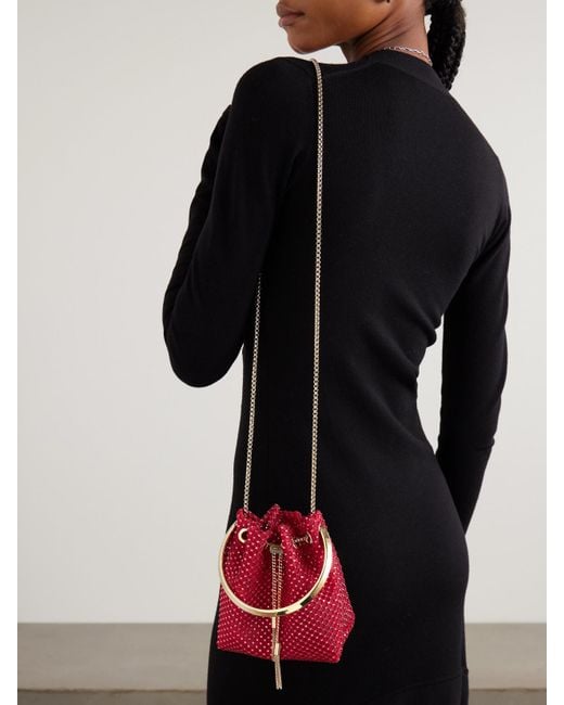 Jimmy Choo Red Bon Bon Crystal-Embellished Mesh Bucket Bag