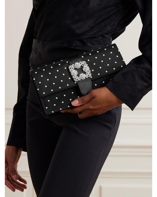 Manolo Blahnik Black Capri Satin-Trimmed Crystal-Embellished Embroidered Mesh Clutch