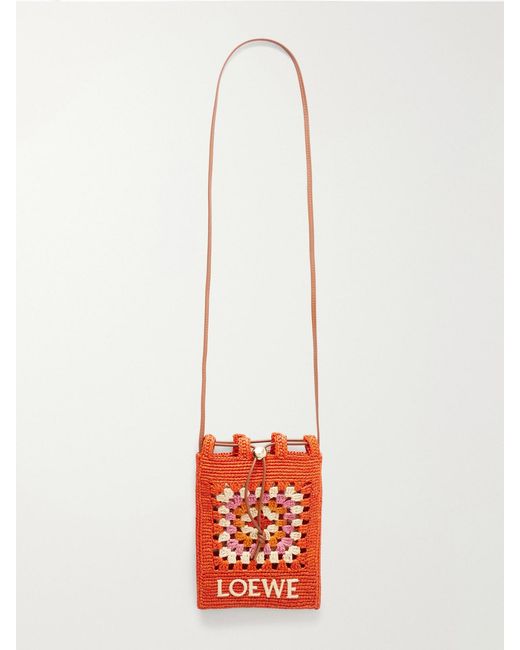 Loewe White Paula's Ibiza Logo-Trimmed Leather-Trimmed Crocheted Raffia Bucket Bag