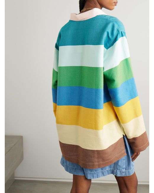Marrakshi Life Blue Oversized-Oberteil Aus Gestreifter Baumwollpopeline Mit Polokragen