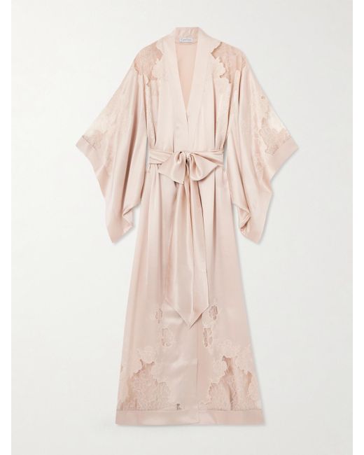 Carine Gilson Natural Belted Lace-Trimmed Silk-Satin Robe