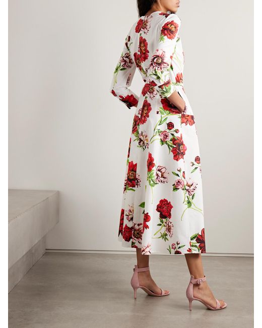 Oscar de la Renta White Midikleid Aus Popeline Aus Einer Baumwollmischung Mit Blumenprint Und Gürtel