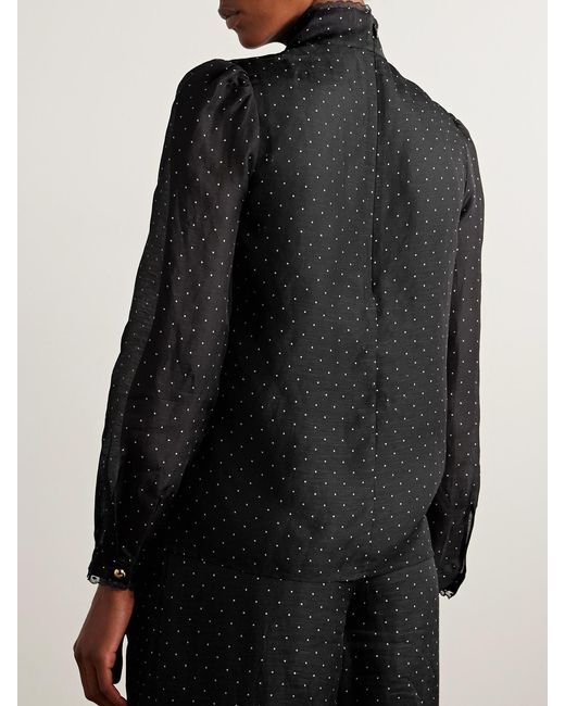 Zimmermann Black Pussy-Bow Lace-Trimmed Polka-Dot Linen And Silk-Blend Organza Blouse