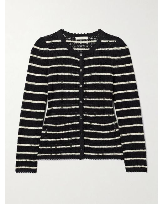 Doen Black Therese Striped Pointelle-Knit Pima Cotton And Silk-Blend Cardigan