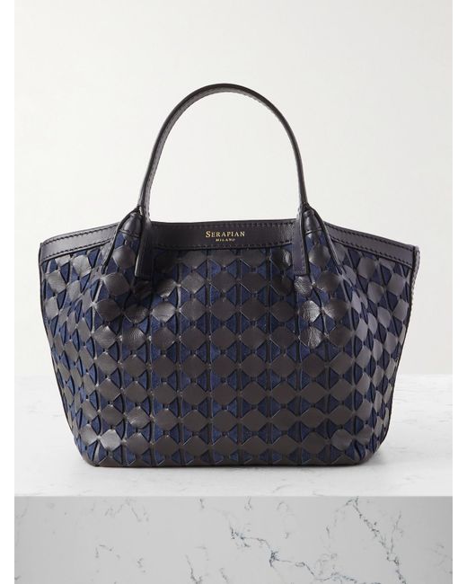 Serapian Blue Schultertasche Aus Geflochtenem Leder Und Veloursleder
