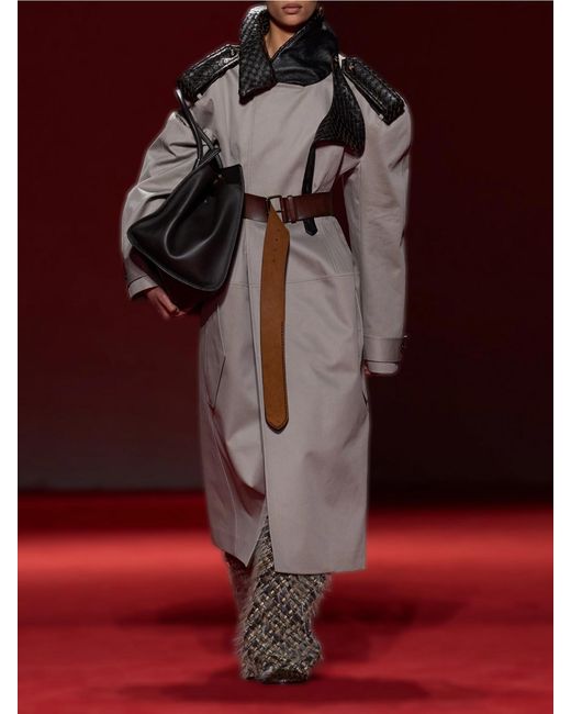 Bottega Veneta Gray Belted Intrecciato Leather-Trimmed Cotton-Gabardine Coat