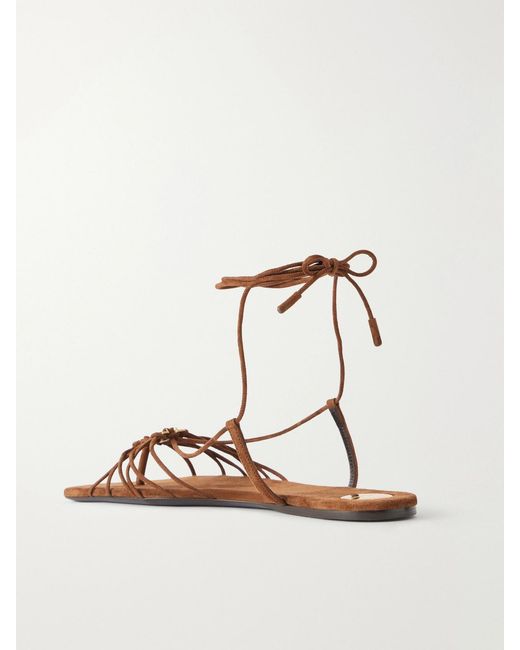 Saint Laurent Brown Babylone Cassandre-Embellished Lace-Up Suede Sandals