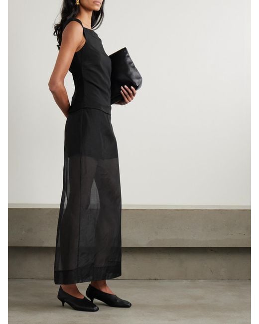 St. Agni Black Leather-Trimmed Organic Cotton-Blend Tulle Maxi Skirt