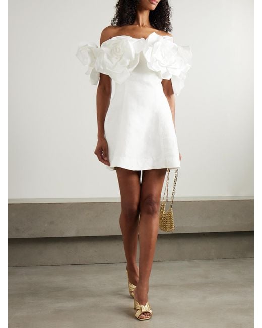 Aje. White Etta Off-The-Shoulder Appliquéd Linen-Blend Mini Dress