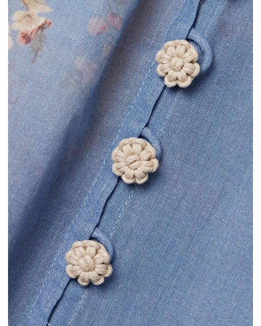 Zimmermann Blue Cascadian Lace-Trimmed Floral-Print Ramie Blouse