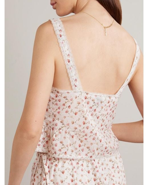 Posse Natural Charlotte Lace-Trimmed Floral-Print Cotton Top