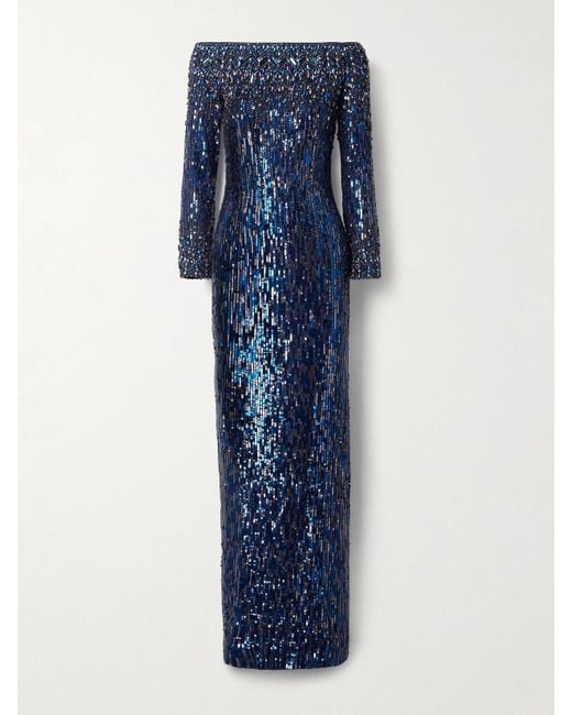 Jenny Packham Blue Schulterfreie Robe Aus Tüll Mit Kristallen Und Pailletten