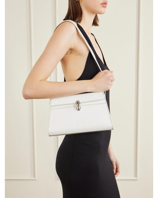 SAVETTE White Symmetry Leather-Trimmed Woven Raffia Shoulder Bag