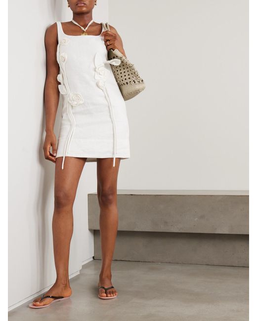 Farm Rio White Floral-Appliquéd Linen Mini Dress